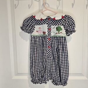 Vintage B.t. Kids Smocked Gingham One Piece Romper Apple And Bear Details